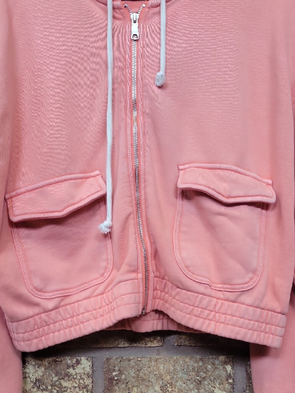 Aerie Coral Pink Oversized Zip Up Hoodie Cropped Front Pocket Sweatshirt Medium - Picture 5 of 12
